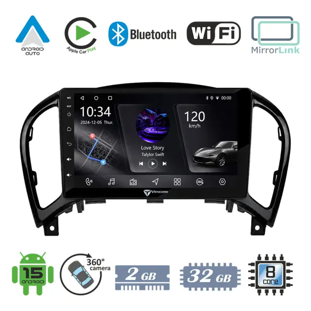 VenCore Οθόνη Multimedia Android 15 9" PX5S Octa-Core 2GB/32GB IPS με Πρόσοψη, CarPlay, Android Auto και Υποστήριξη Κάμερας 360° για Nissan Juke 2010-2019 – Μαύρη (3236-10005-0755B)