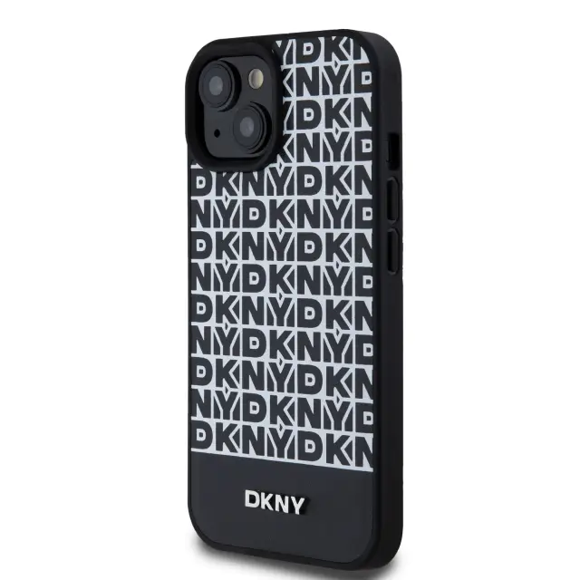 DKNY PU Leather Repeat Pattern Bottom Stripe MagSafe Case for iPhone 15 Black 3