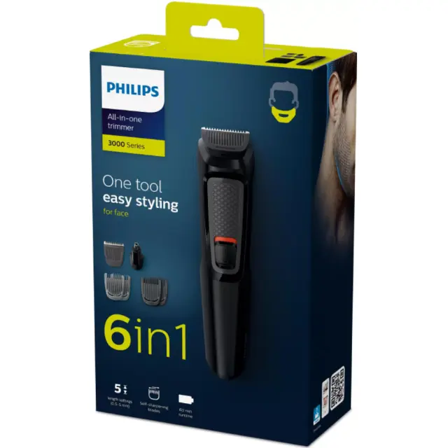 Trimmer Επαναφορτιζόμενο Philips MG3710/15 Multigroom Series 3000 6 σε 1 για Πρόσωπο με Εξάρτημα για τη Μύτη και 4 Κεφαλές Διαφορετικού Μήκους Μαύρο 2