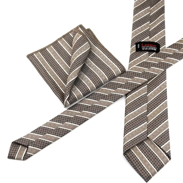Μπεζ Ριγέ Γραβάτα Microfiber Σετ με Μαντήλι Σχέδιο 276 3