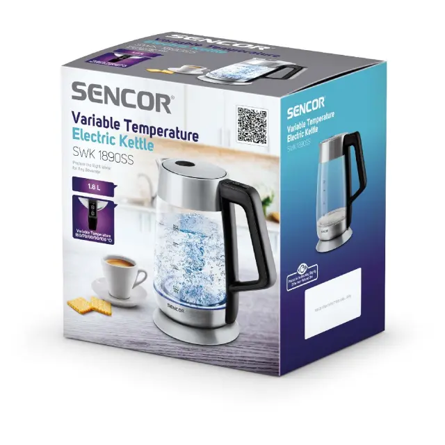 Βραστήρας Sencor SWK 1890SS 1.8lt 2200W 360° STRIX με Γυάλινη Κανάτα Επιλογή Θερμοκρασίας με Χρωματική Ένδειξη Ασημί 2