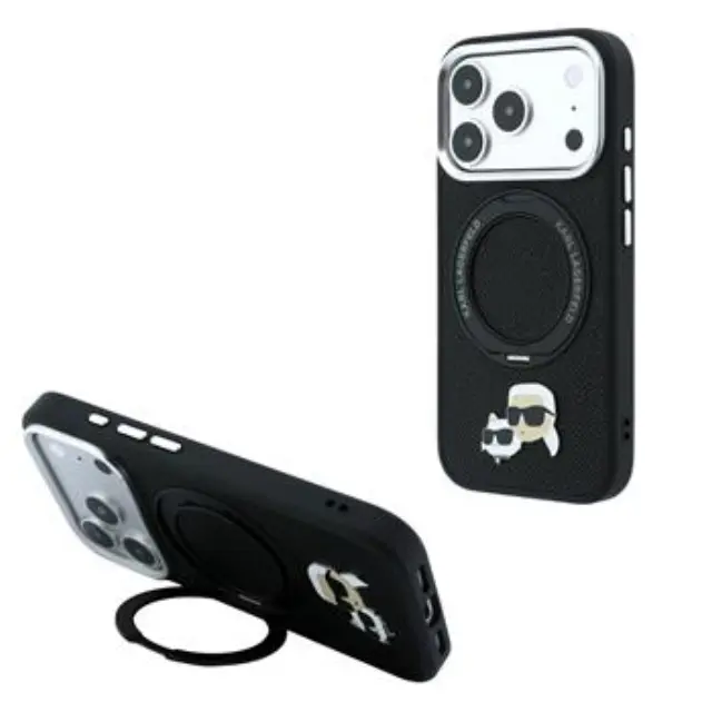 Karl Lagerfeld PU Grained K&CH Heads Ring Stand Magsafe Case for iPhone 18 Pro Black