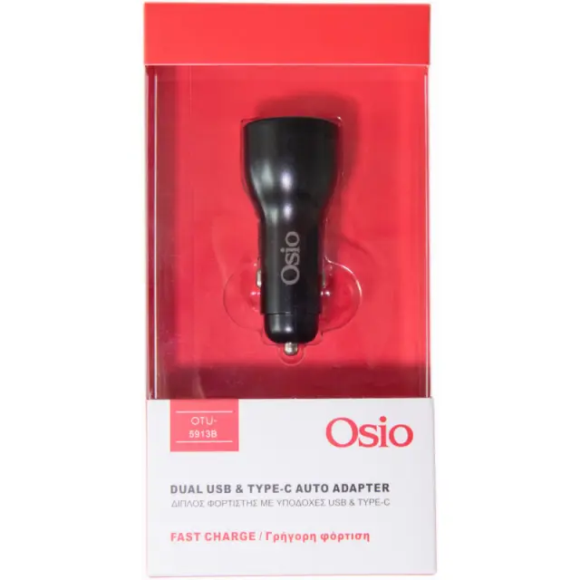 Διπλός Φορτιστής Αυτοκινήτου Fast Charge Με USB Type-C Και USB Type-A 36W OSIO OTU-5913B 2