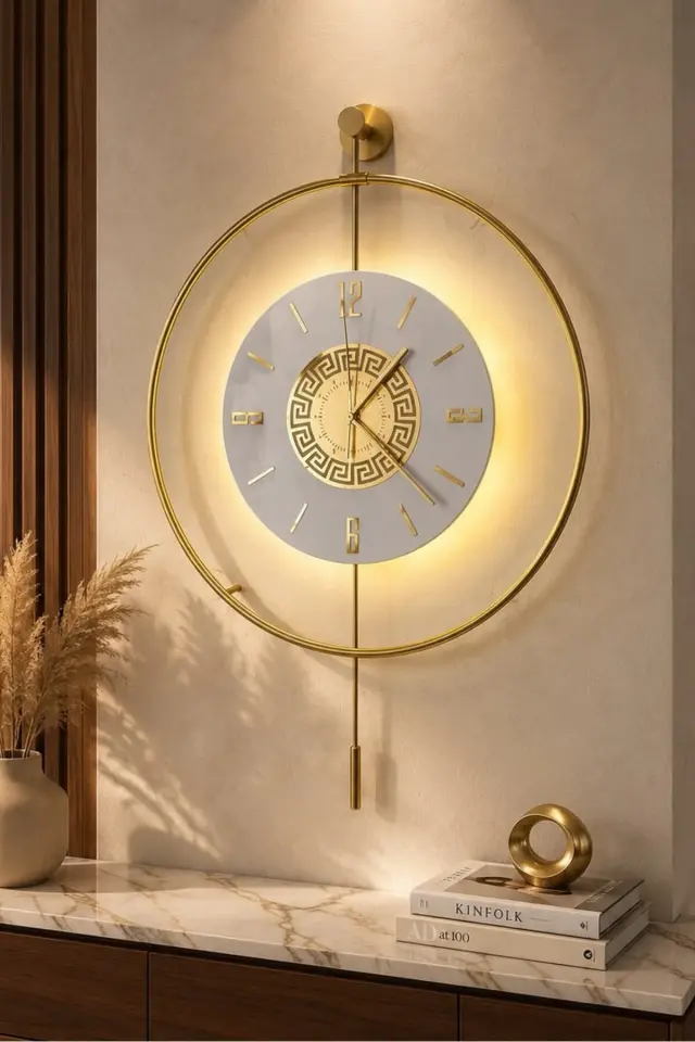 Stewehome Μεταλλικό ρολόι τοίχου με μηχανισμό quartz και φωτισμό LED Χρυσό 50x75 cm 3