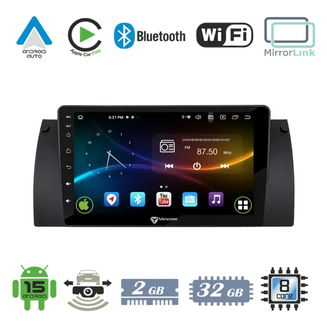VenCore Οθόνη Multimedia Android 15 9" 9109A MTK6762 Octa-Core 2GB/32GB IPS με Πρόσοψη, CarPlay, Android Auto και Υποστήριξη Κάμερας Οπισθοπορείας AHD για BMW X5 E53 1999-2006 – Μαύρη (3236-10007-0604B1)