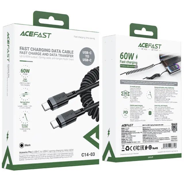 Καλώδιο Σύνδεσης Acefast C14-03 USB-C σε USB-C PD60W 3A Fast Charge USB2.0 Spring Braided Μαύρο 1.2m. 2