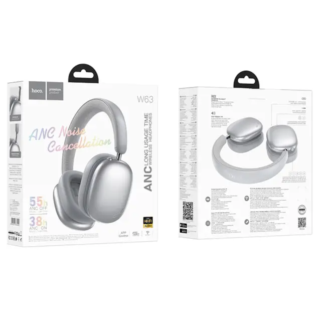 Wireless Ακουστικά Stereo Hoco W63 Triunfo ANC v5.4 500mAh με AUX Ασημί 2