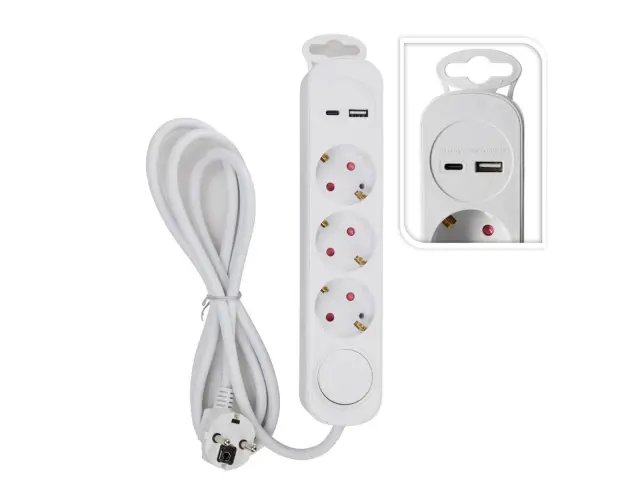 Πολύπριζο - 3x Schuko, 1x USB-A, 1x USB-C - Με Διακόπτη On/Off - Καλώδιο 1.5m - Λευκό KT1000240