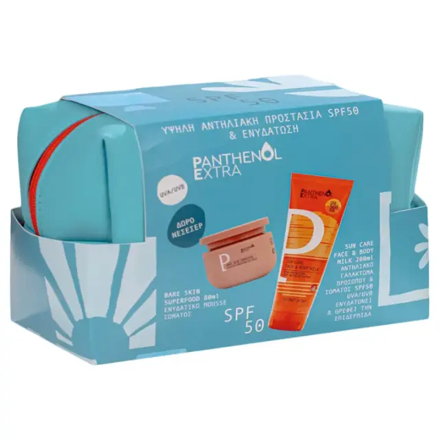 Panthenol Extra Promo Α Brighter Way to Care Αντηλιακό Γαλάκτωμα Σώματος & Προσώπου SPF50, 200ml, Bare Skin Superfood Mousse Σώματος, 80ml & Δώρο Νεσεσέρ, 1τεμ, 1σετ