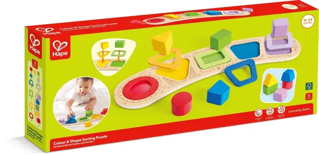Hape Happy Puzzles Ξύλινο Παζλ Γεωμετρικά Σχήματα & Χρώματα 2