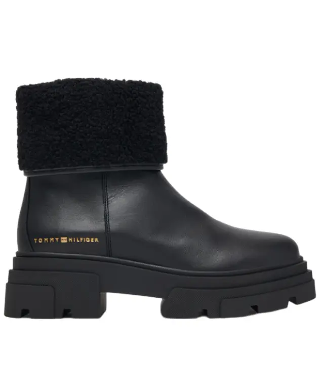 Tommy Hilfiger γυναικεία δερμάτινα μποτάκια με αναδιπλούμενη γούνα FW0FW09677-1