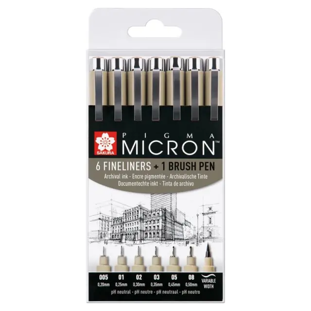 Σετ 6 Μαρκαδόροι + 1 Πινέλο Sakura Pigma Micron Black