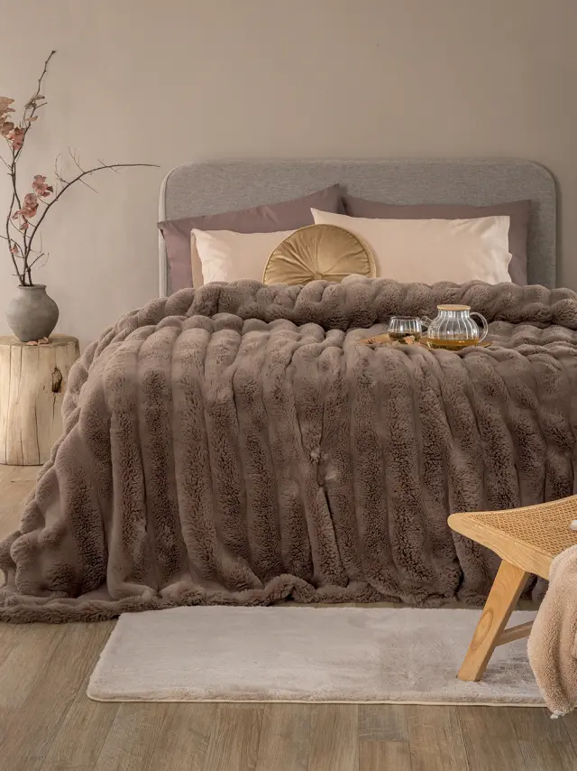 Κουβέρτα Γούνινη 220x240 Υπέρδιπλη 650gsm Heather Palamaiki 2 Brown Ecological Rabbit Fur