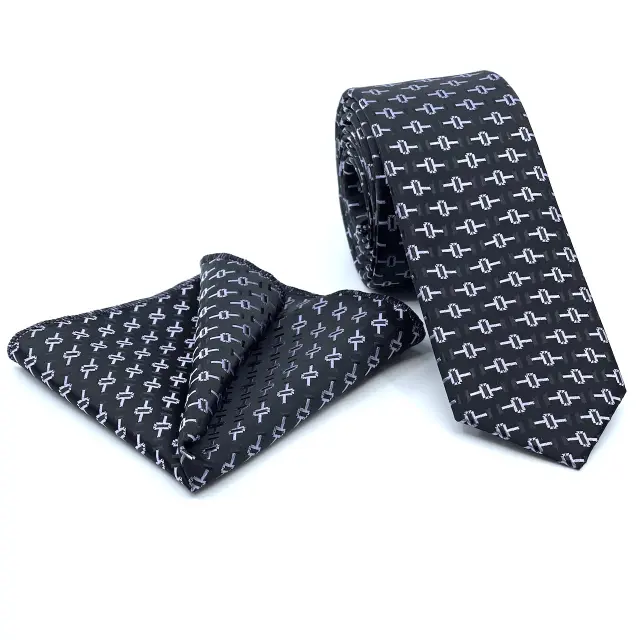 Γραβάτα Microfiber σε Μαύρο Μοτίβο Σετ με Μαντηλάκι