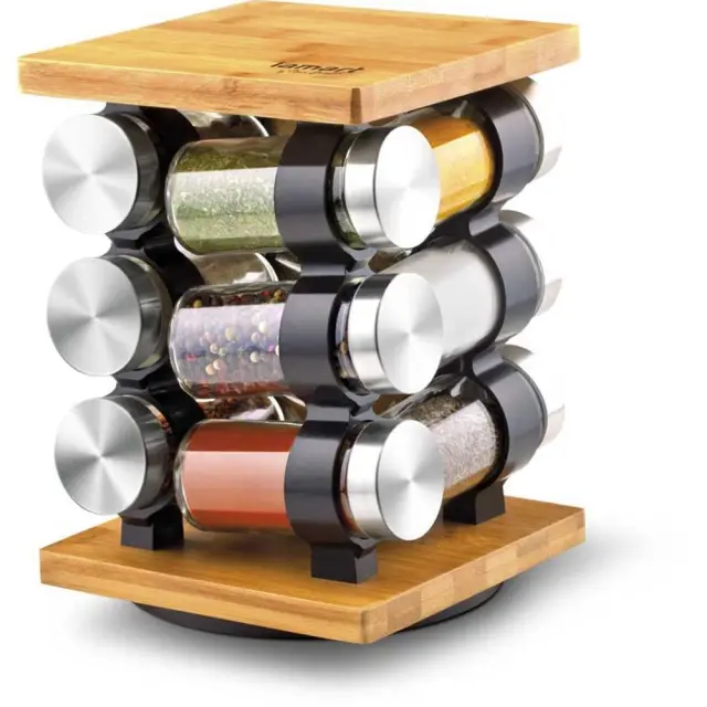 Σετ 12 Βάζων Μπαχαρικών GUSTO Lamart LT7010 Γυάλινα Βάζα 85ml σε Περιστρεφόμενη Βάση