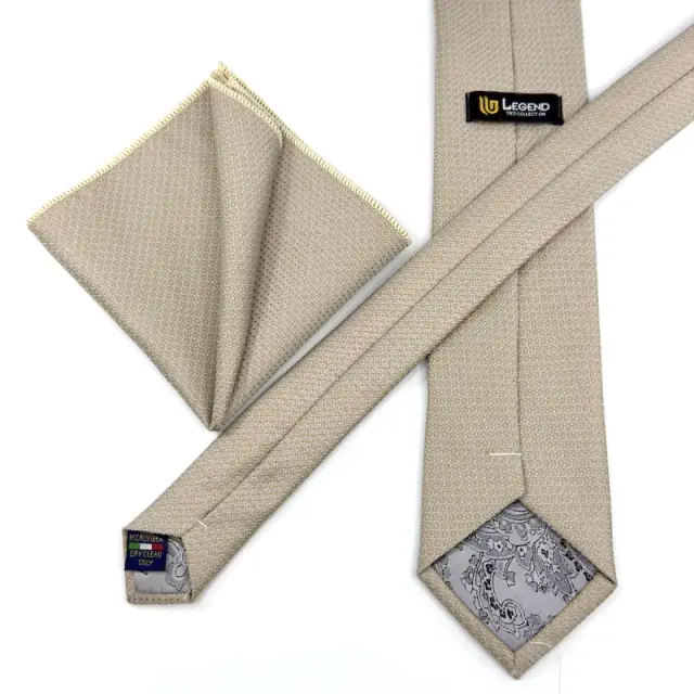 Μπεζ Γραβάτα Μικροσχέδιο Microfiber Σετ με Μαντήλι 3