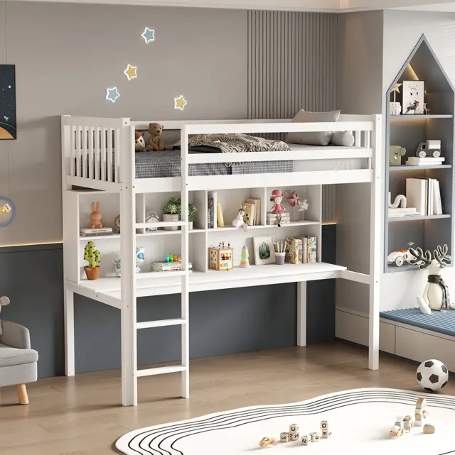 ΠΑΙΔΙΚH KOYKETA τ.MONTESSORI ΜΕ ΓΡΑΦΕΙΟ & ΒΙΒΛΙΟΘΗΚΗ FB9708.03 ΞΥΛΟ ΠΕΥΚΟΥ ΛΕΥΚΟ- 90x190εκ 2