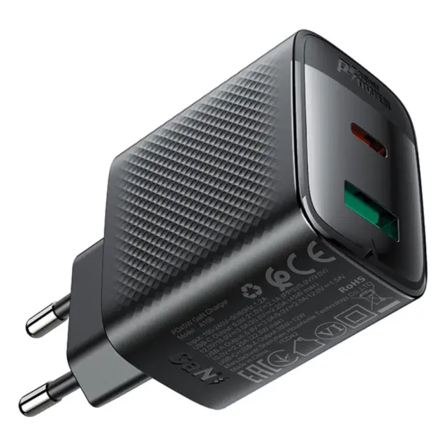 Φορτιστής Ταξιδίου Acefast A106 Fast Charging με 1xUSB-C + 1xUSB-A PD45W GaN Μαύρος 3