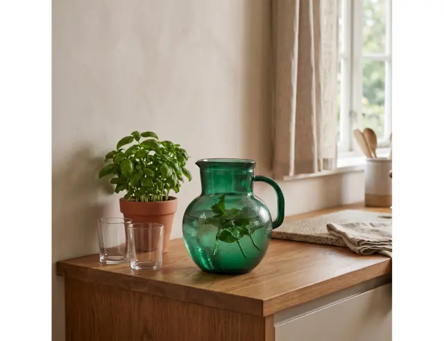 Κανάτα με χερούλι Glass Drops Ribbed (3198DB734) Από ανακυκλωμένο γυαλί, Χωρητικότητας 2.3L, Διαστάσεων Ø 20 x Υ 20 cm, Albahaca 3198DB734