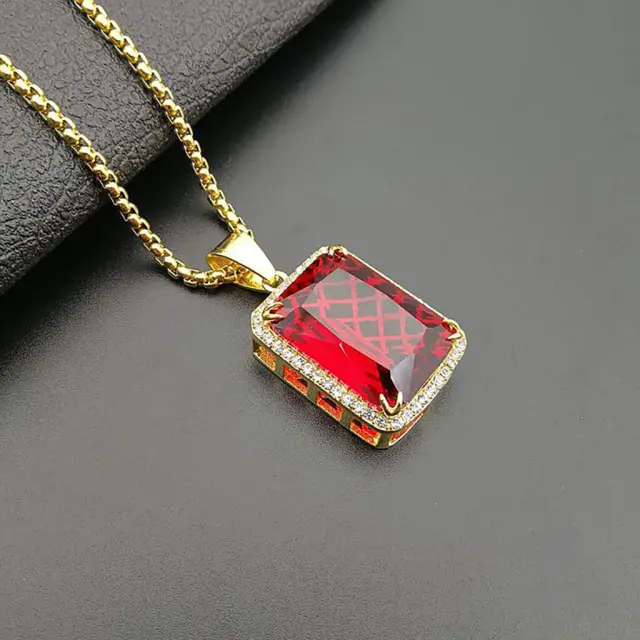 Ghetto Pendant Stainless Steel Gemstone Necklace Red