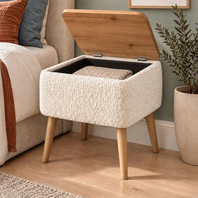 Κομοδίνο Nivo Megapap ύφασμα teddy χρώμα λευκό - pine oak 45x35x45εκ. 2