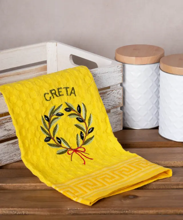 Σετ 12 τεμαχίων ποτηρόπανα γκοφρέ (50cm x 70cm) κίτρινο στεφάνι CRETA - -