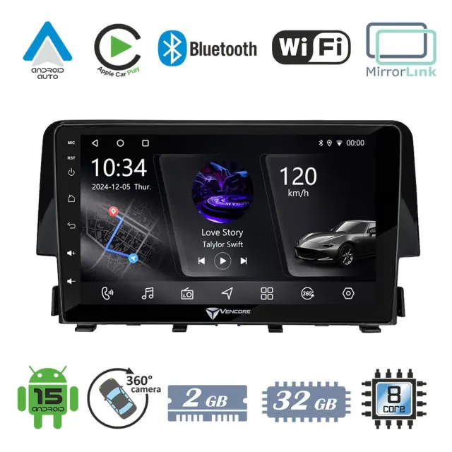 VenCore Οθόνη Multimedia Android 15 9" PX5S Octa-Core 2GB/32GB IPS με Πρόσοψη, CarPlay, Android Auto και Υποστήριξη Κάμερας 360° για Honda Civic 2016-2026 – Μαύρη (3236-10005-0058B)