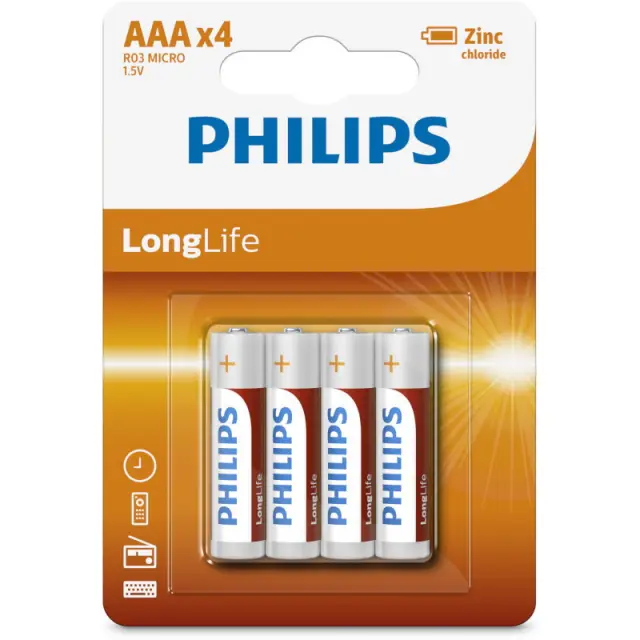 Μπαταρίες AAA Μεγάλης Διάρκειας Ζωής Zinc-Chloride 4Τμχ PHILIPS R03L4B/GRS