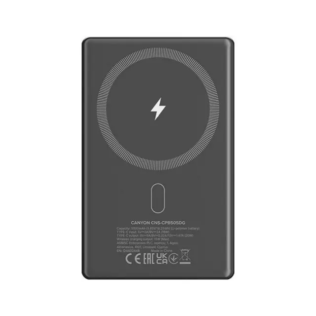 Canyon PowerBank OnPower 505 Slim Magsafe 5000mAh PD 20W Grapphite (CNS-CPB505DG)