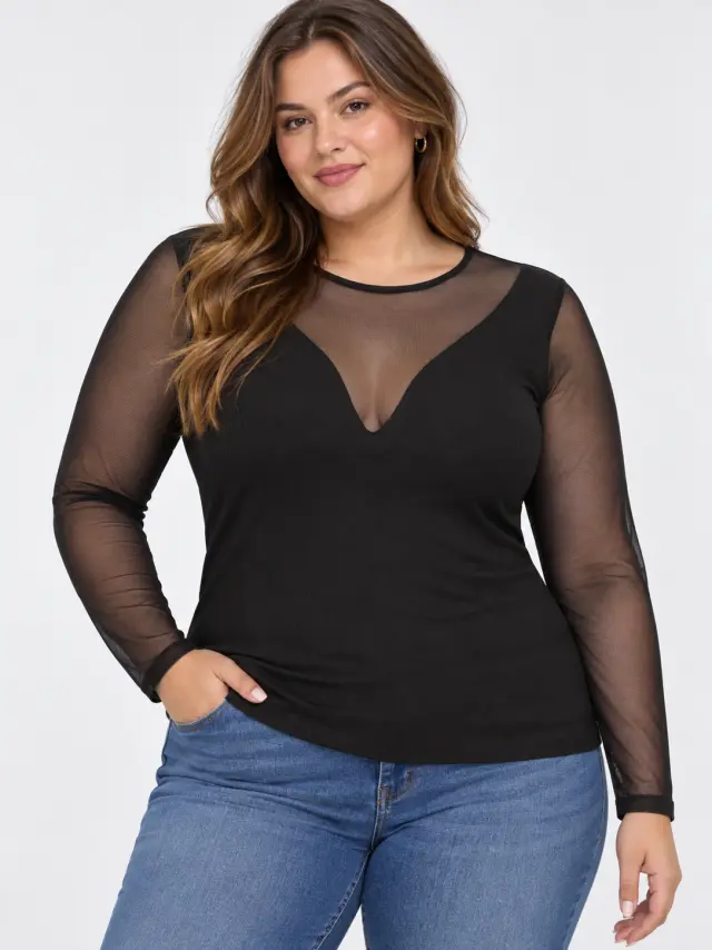 Μπλούζα με διαφάνεια και V λεπτομέρεια Plus size - Μαύρο - XS 2