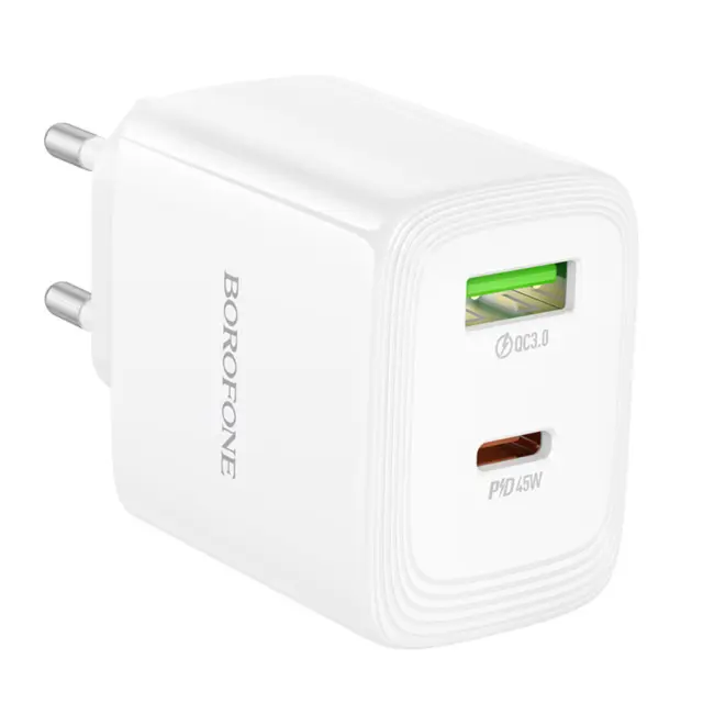 Φορτιστής Ταξιδίου Borofone BN30 Cargador GaN με 1xUSB-C PD45W και 1xUSB-A QC PD18W Λευκός