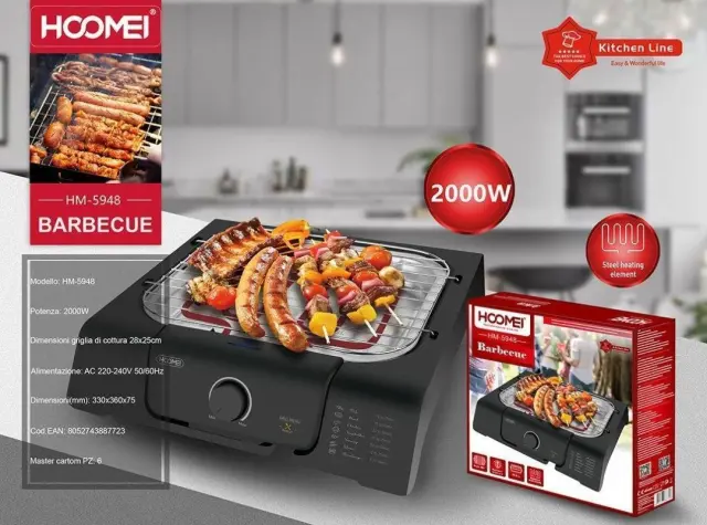 Ηλεκτρική Ψησταριά Σχάρας BBQ 2000W με Ρυθμιζόμενο Θερμοστάτη Hoomei HM-5948 Μαύρο 2