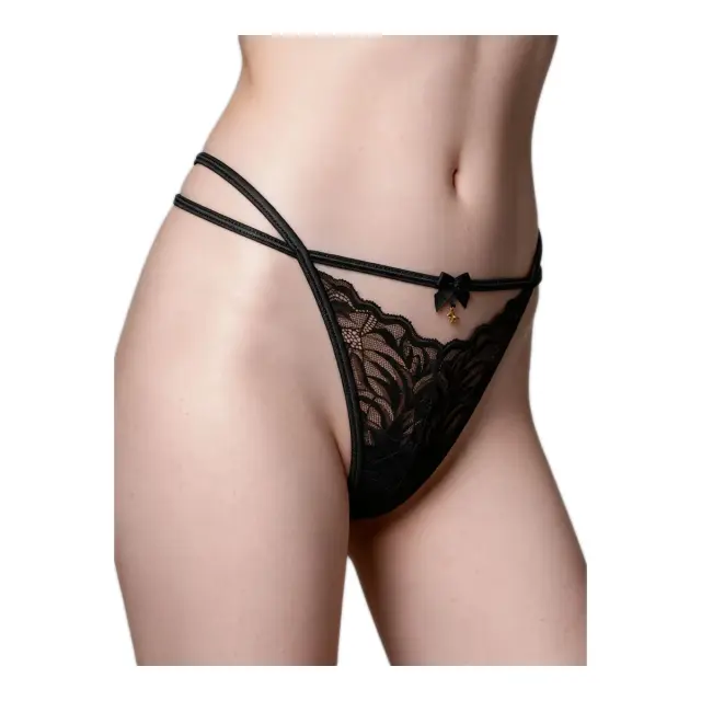 Milena Γυναικείο G-String Δαντέλα Φύλλα με Κρεμαστή Πεταλούδα Μπροστά, Χρώμα Μαύρο