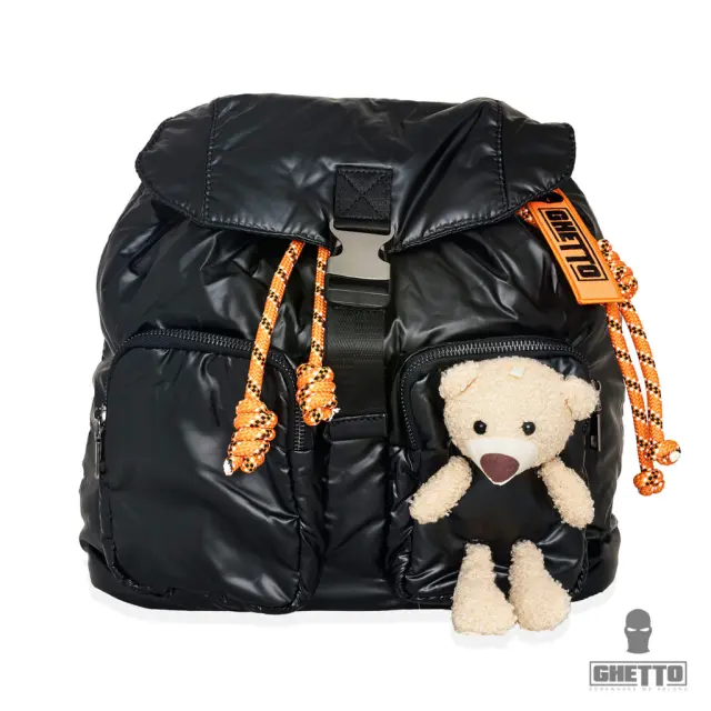 Ghetto Small Bear Puffer Tactical Backpack with Teddy Detail | Streetwear Utility Bag (Black)