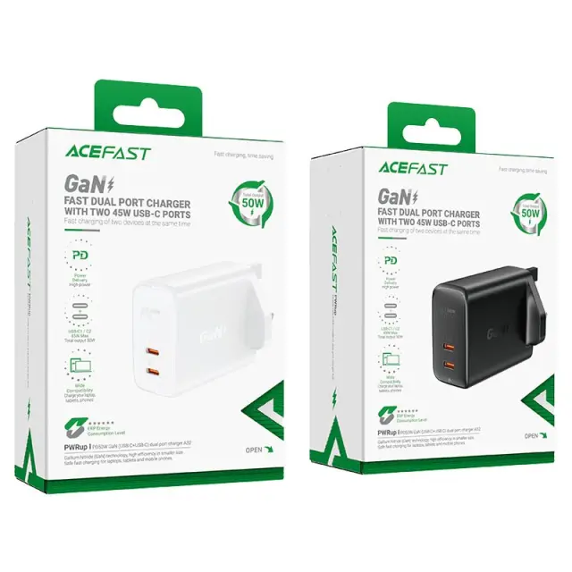 Φορτιστής Ταξιδίου Acefast A32 Fast Charging 2xUSB-C PD50W GaN Μαύρος με UK Plug 2