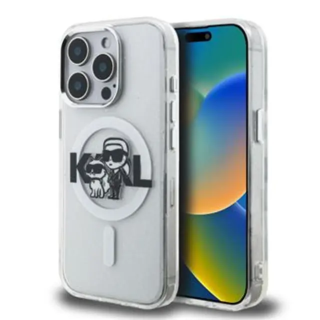 Karl Lagerfeld IML Glitter Karl and Choupette Sketch MagSafe Case for iPhone 15 Pro Transparent