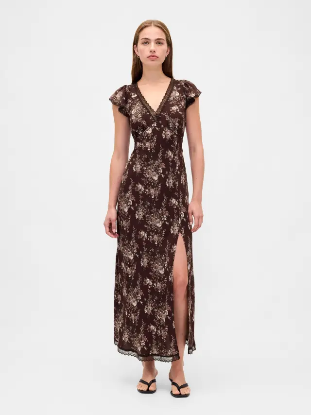 Lace-Trim V-Neck Crepe Maxi Φόρεμα Brown floral