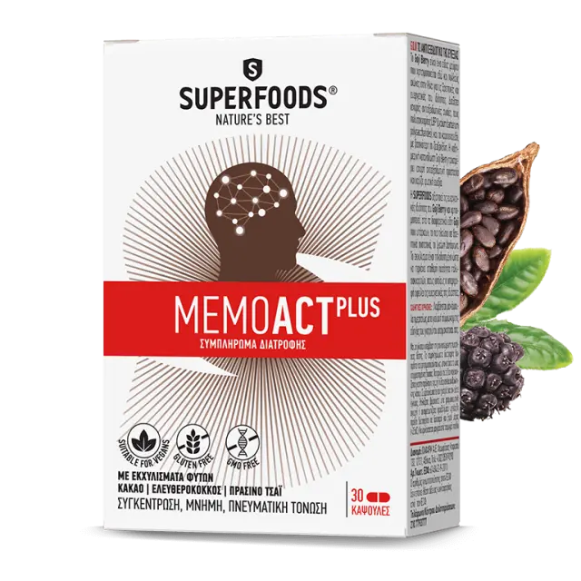 SUPERFOODS Memoact Plus Συμπλήρωμα Διατροφής για Μνήμη, Συγκέντρωση & Πνευματική Κόπωση, 30caps