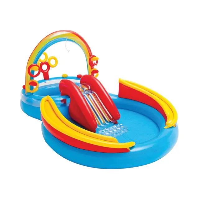 Intex Rainbow Ring Play Centre Πισίνα Ουράνιο Τόξο Με Τσουλήθρα, Ψεκαστήρα Νερού, Τέσσερα Φουσκωτά Δαχτυλιδάκια Για Παιχνίδι