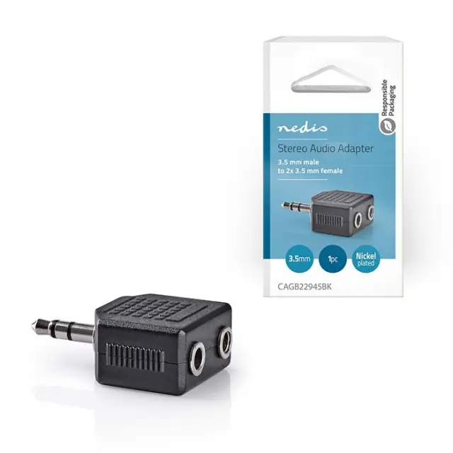 Αντάπτορας 3,5mm Stereo αρσ. - 2x 3,5mm Stereo θηλ., σε μαύρο χρώμα.