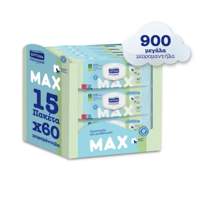 Septona Dermasoft Max Monthly Pack Μεγάλα Μωρομάντηλα με Καπάκι 900 Τεμάχια (15x60 Τεμάχια)