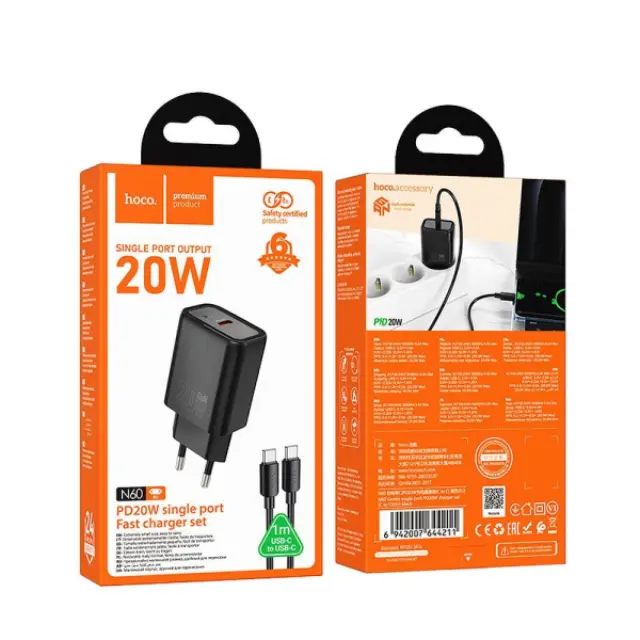Phone charger Hoco USB C QC PD 20W + cable USB C to USB C N60 black 2