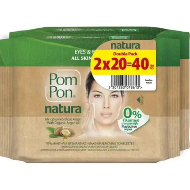 Pom Pon Υγρά Μαντήλια Ντεμακιγιάζ Natura 2x20τμχ