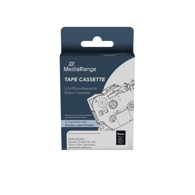 Ετικέτες Γενικής Χρήσης Mediarange (Brother TZ-325/TZe-325) 9mm, 8m, Laminated and Permanent Adhesive, White on Black (MRBTZ325)