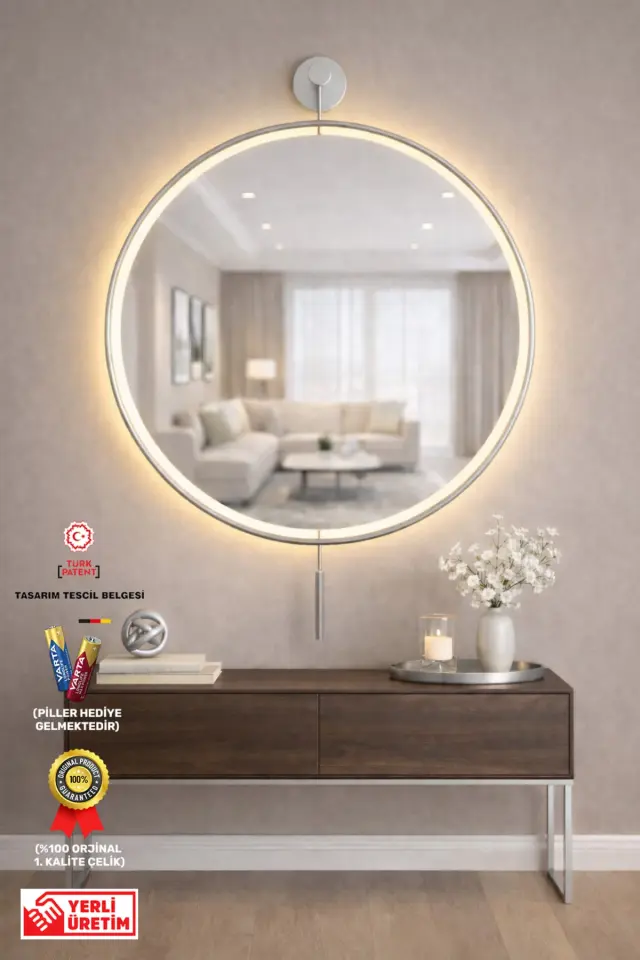 Stewehome Μεταλλικός τοίχου καθρέφτης με ασύρματο LED φωτισμό και μπαταρίες 50x75 cm