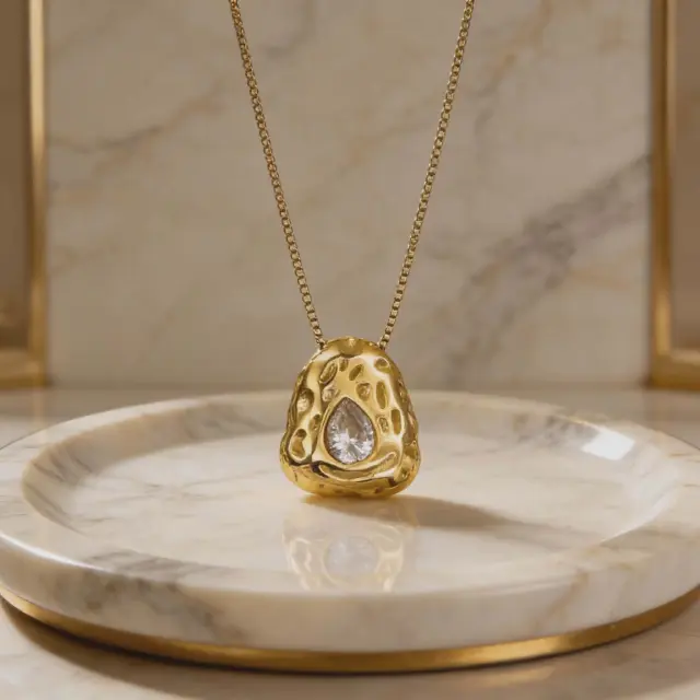 Gold Textured Pendant Necklace with Teardrop Zircon