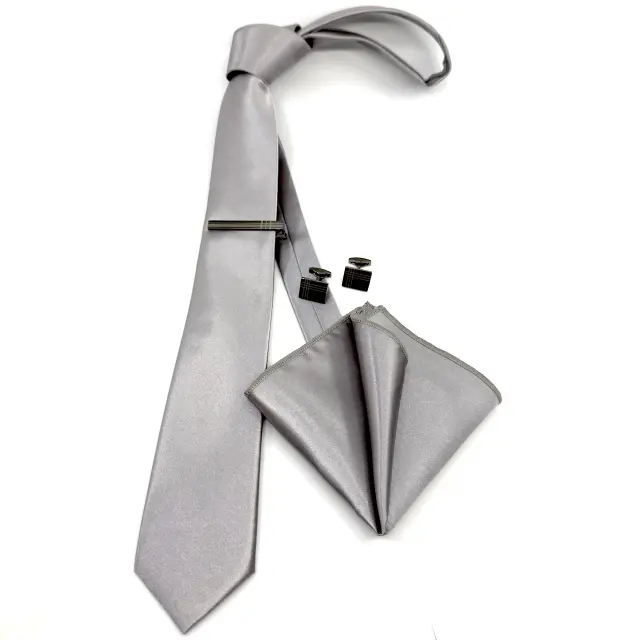 Ασημί Dark Silver Γραβάτα Σατέν Ματ 6,5 cm με Ασορτί Μαντήλι 2