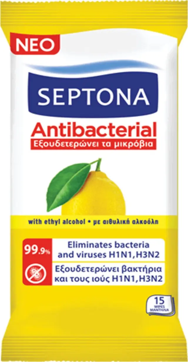Septona Promo (2+2 Δώρο) Antibacterial Hand Wipes Lemon Αντιβακτηριδιακά Μαντηλάκια Χεριών Λεμόνι, 4x15τεμ