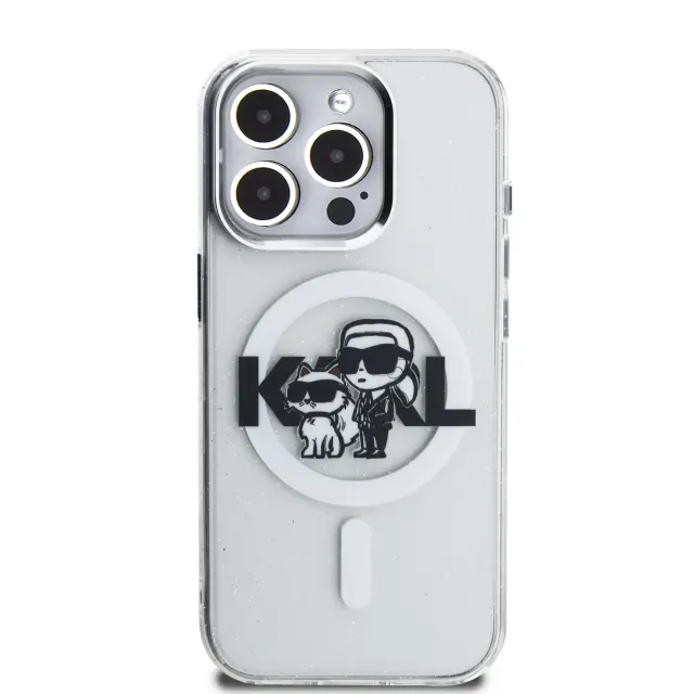 Karl Lagerfeld IML Glitter Karl and Choupette Sketch MagSafe Case for iPhone 15 Pro Transparent 3