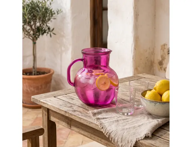 Κανάτα με χερούλι Glass Drops Ribbed (3198DB276) Από ανακυκλωμένο γυαλί, Χωρητικότητας 2.3L, Διαστάσεων Ø 20 x Υ 20 cm, Magenta 3198DB276